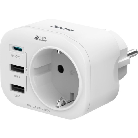 Hama Meerv. Stekkerdoos 4x V. Stopcontact 1 USB-C PD 2 USB-A 1 Geaard 20W