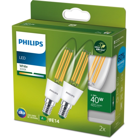 Philips Ultra Efficient LED Kaarslamp 40W E14 Wit Licht 2 Stuks