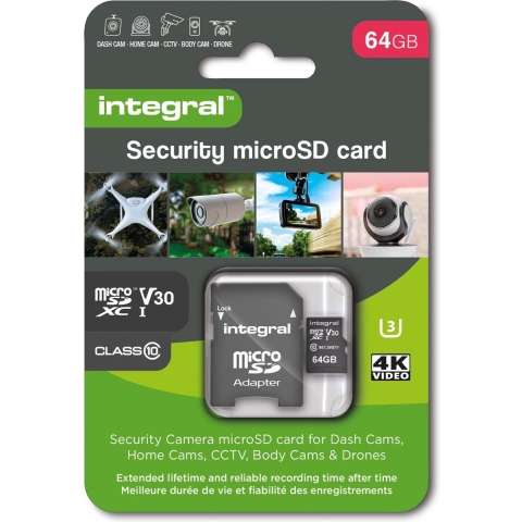 Integral 64 GB Security Camera microSD-kaart voor Dash Cams, Home Cams, CCTV, Body Cams & Drones - INMSDX64G10SEC