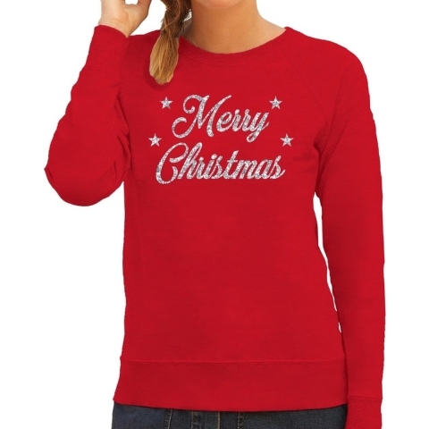 Kersttrui Merry Christmas zilveren glitter letters rood dames 2XL (44) -