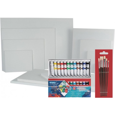 Schildersdoek van 50 x 50 cm met penselen en setje acryl verf -