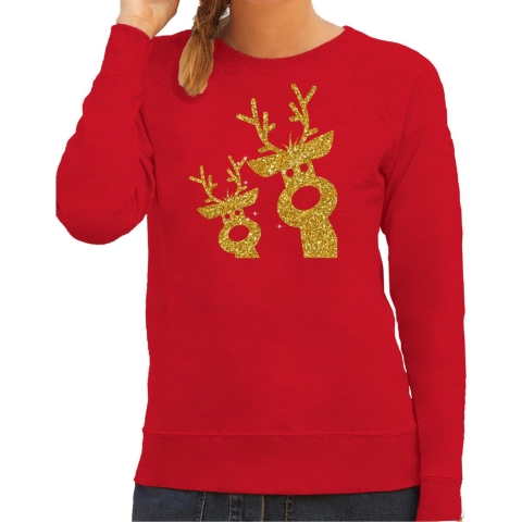 Foute kersttrui/sweater voor dames - gouden rendieren - rood - glitter goud - rendier S -