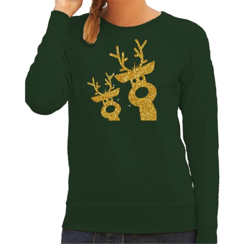 Foute kersttrui/sweater voor dames - gouden rendieren - groen - glitter goud - rendier 2XL -