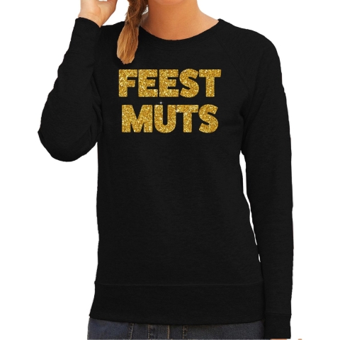 Foute kersttrui/sweater voor dames - feest muts - zwart - glitter goud - feestkleding M -