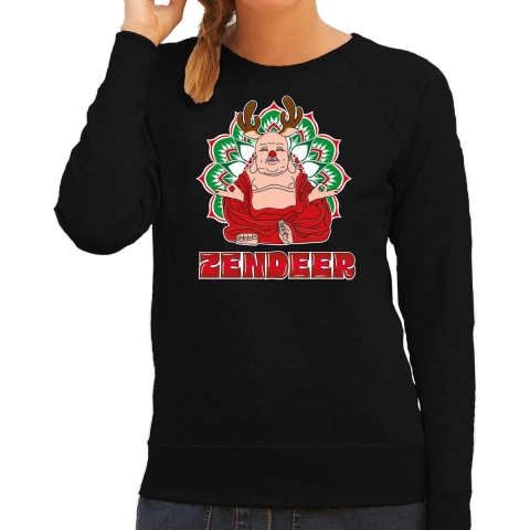 Foute Kersttrui/sweater voor dames - zendeer buddha - zwart - rendier - boeddha - zen XS -