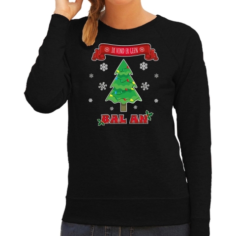 Foute Kersttrui/sweater voor dames - ik vind er geen bal aan - zwart - kerstboom - kerstfeest M -