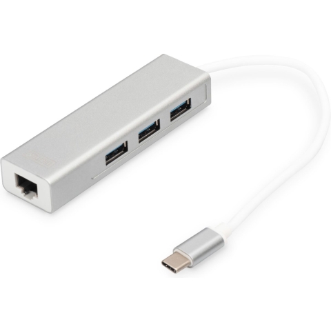Digitus DA-70255 USB-combi-hub 3 + 1 poorten Met ingebouwde netwerkaansluiting Zilver