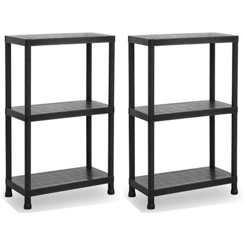 opbergrek schuur/zolder - 2x - kunststof - zwart - 30 x 60 x 95 cm - met 3 planken -
