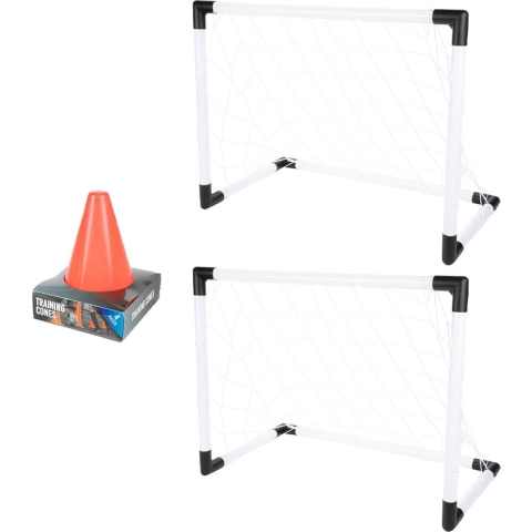 Voetbaldoel Set - 2x doelen - met 4x pionnen - wit/zwart - kunststof - 64 x 49 x 35 cm -