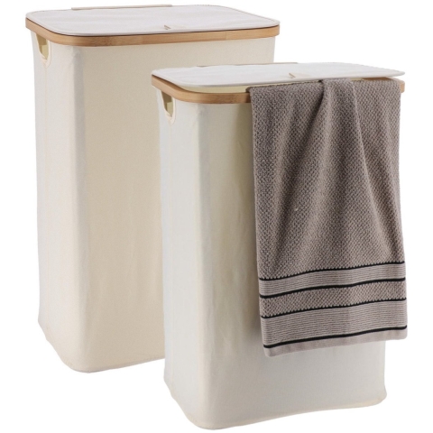 Wasmand met deksel - 2x - bamboe hout - 70 Liter- naturel wit - 60 x 40 x 30 cm - was sorteren -