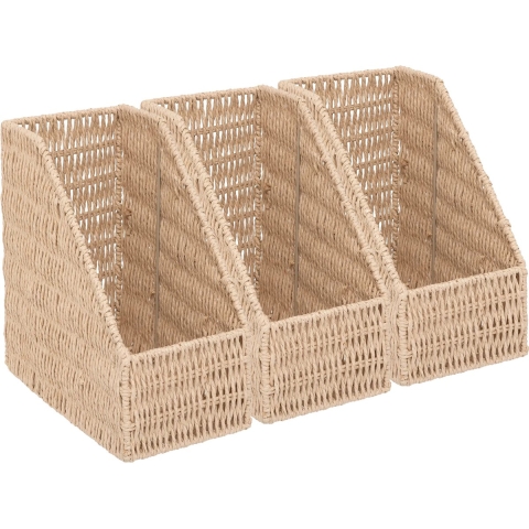 Lectuurbak/documenten opbergbak - 3x - naturel koord - metaal/touw - L15 x B26 x H27 cm -