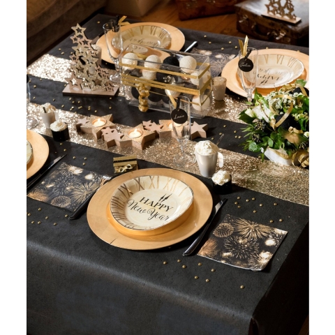 Feest tafelkleed met pailletten tafelloper - op rol - zwart/rose goud - 10 meter -
