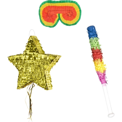 Verjaardag Pinata Ster goud van 44 x 42 cm - set met stok en masker -