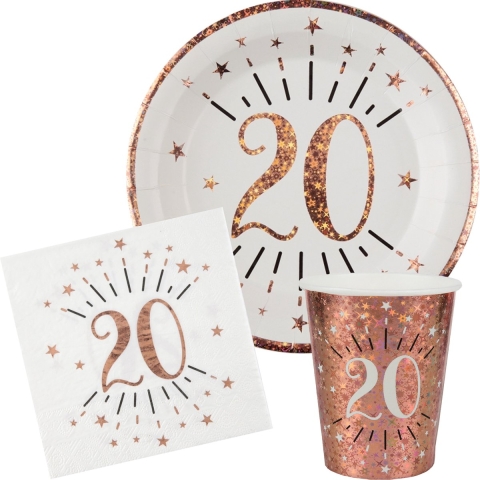 Verjaardag feest bekertjes/bordjes en servetten leeftijd - 60x - 20 jaar - rose goud -