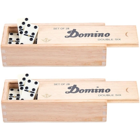 Domino spel dubbel/double 6 in houten doos 84x stenen -