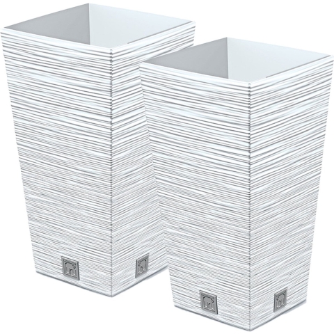 Plantenpot/bloempot Furu Stripes - 2x - voor buiten - kunststof - wit - vierkant - D26 x H50 cm -
