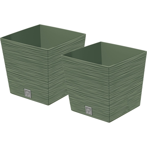 Plantenpot/bloempot Furu Stripes - 2x - voor buiten - kunststof - bosgroen - vierkant - D24 x H23.5 -