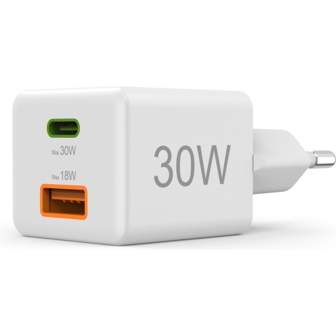 Hama Snellader 1x USB-C PD 1x USB-A QC Mini-oplader 30 W Wit