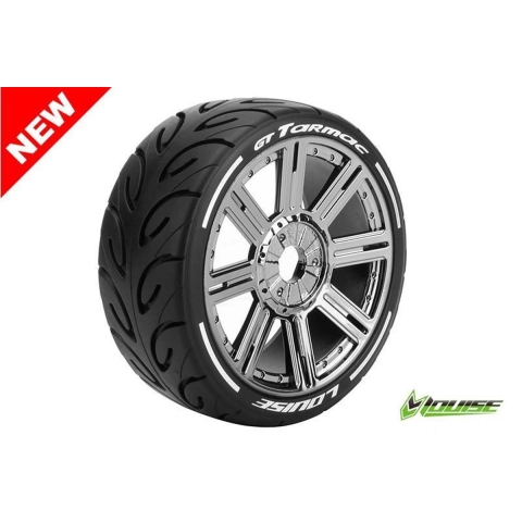 Louise GT-TARMAC - MFT Super Soft banden op black chrome spaakvelgen voor 1/8 buggy
