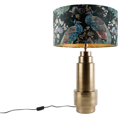 QAZQA Tafellamp brons velours kap pauw groen met goud 50 cm - Bruut