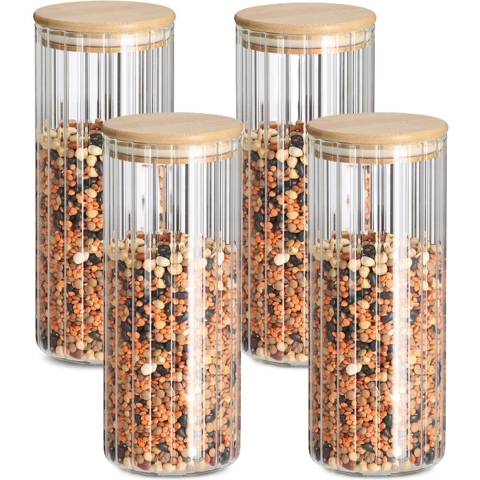 Voorraad/bewaar pot Grooves - 4x - hard glas - transparant - 1100 ml - bamboe deksel - luchtdicht -