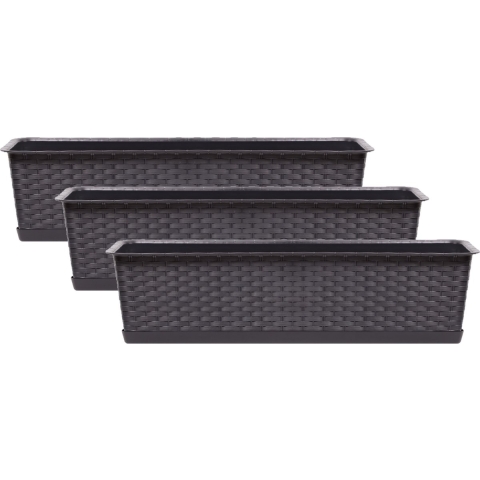 Set van 3x kunststof Ratolla rotan plantenbakken/bloembakken set donkerbruin 12 liter -