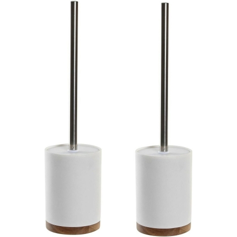 2x stuks WC/Toiletborstel in houder wit keramiek/acacia hout 41x10 cm -