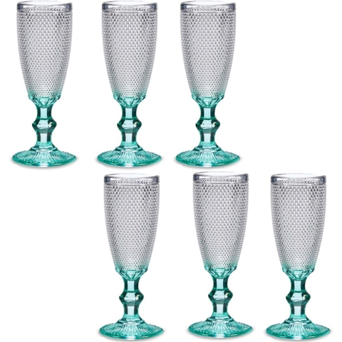 Luxe Monaco serie Champagneglazen set 12x stuks op turquoise blauwe voet 180 ml -