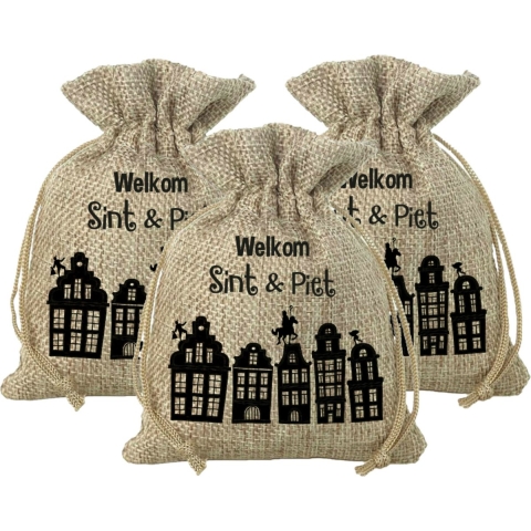 Mini Sinterklaas jute cadeauzak Welkom Sint en Piet - Pakket van 12x stuks - Strooizak met koord - 1 -