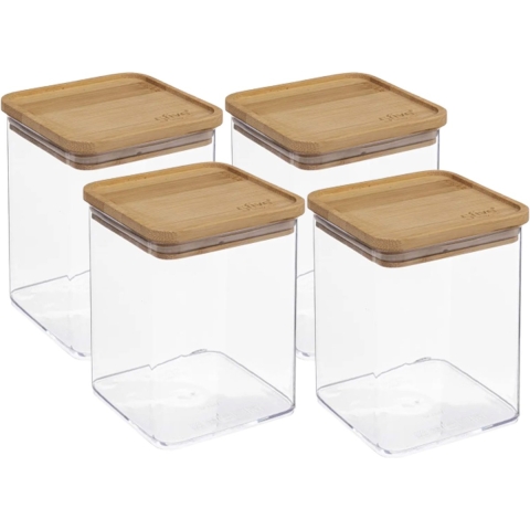 4x stuks voedsel bewaren keuken voorraadpot - kunststof/bamboe - 1000 ml -