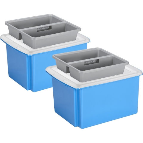 Sunware 2x opslagboxen kunststof 32 liter blauw 45 x 36 x 24 cm met deksel en organiser tray -