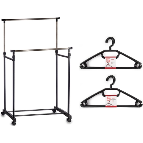 Kledingrek met kleding hangers - dubbele stang - kunststof/metaal - zwart - 80 x 42 x 160 -