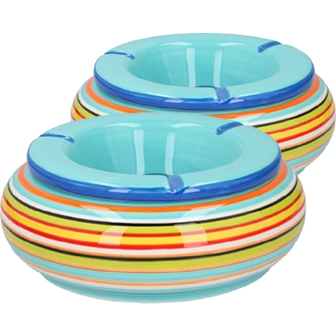 Storm asbak - 2x stuks - keramiek - blauw/multi-kleur - 17 x 8 cm -