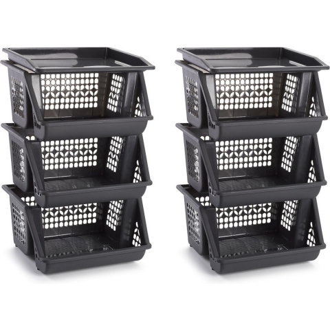 Opbergkrat - 2x - grijs - 3 vakken - 62 cm - Stapelkratten - Stapelbare manden -