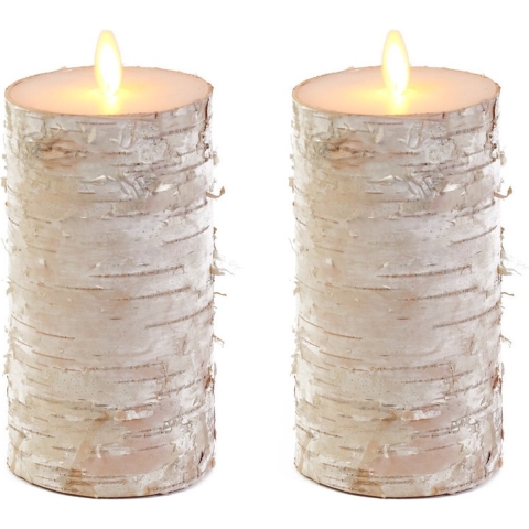 2x Witte berkenhout kleur LED kaarsen / stompkaarsen 15 cm -