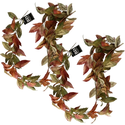 Bellatio Design kunstplant/hangplant slinger - 2x - Lychee blad - herfst kleuren - 180 cm -