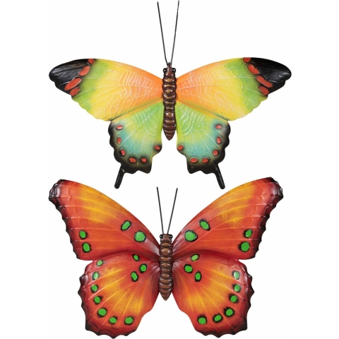Set van 2x stuks tuindecoratie muur/wand vlinders van metaal in blauw en groen tinten 48 x 30 cm -