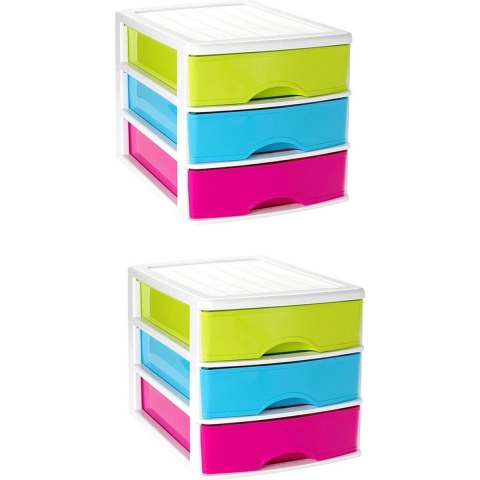 2x stuks ladeblok/bureau organizer met 3 lades multi-color/wit L 35,5 x B 27 x H 26 cm -