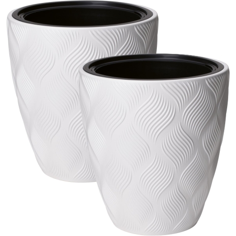 Form Plastic Plantenpot/bloempot Flow - 2x - kunststof - ivoor wit - D30 x H32 cm - met binnenpot -