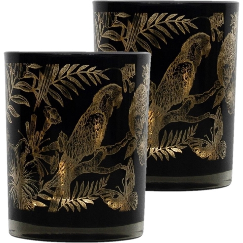 Set van 3x stuks theelichthouder/waxinelichthouder glas zwart 12 cm papegaai print -
