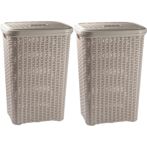 Plasticforte Wasmand met deksel - 2x stuks - 60 liter - taupe - rotan - kunststof - L35 x B43 x H62 -