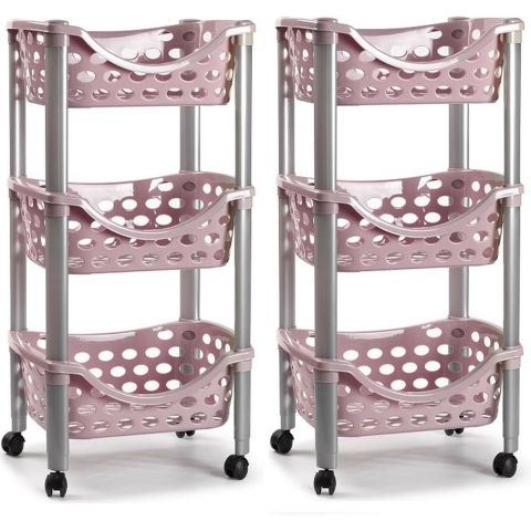 Set van 2x keukentrolley/roltafel 3 laags kunststof roze 40 x 65 cm -