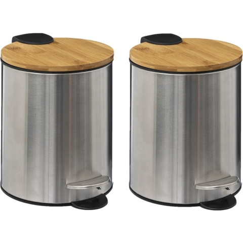 Set van 2x Prullenbak/pedaalemmer zilver - bamboe/metaal - 3 liter - 17 x 23 cm -