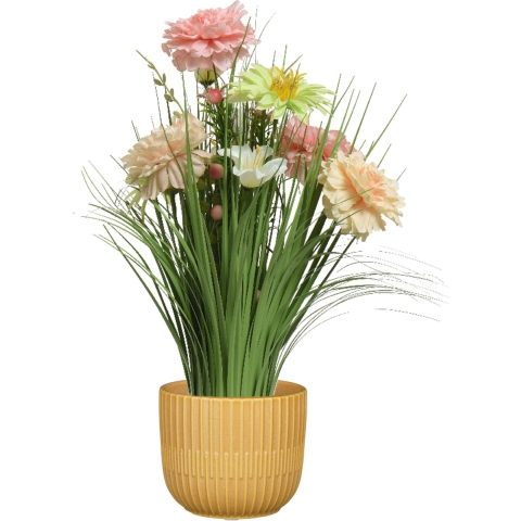 Kunstbloemen boeket roze - in pot okergeel - keramiek - H40 cm -