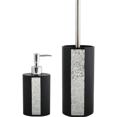 MSV Badkamer accessoires set Luanda - zwart/zilver - zeeppompje/wc-borstel -