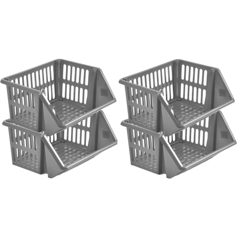 Mand/organizer - 4x - stapelbaar - grijs - 35 x 29 x 17 cm -
