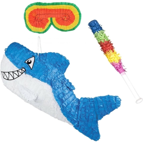 Verjaardag Pinata blauwe haai van 60 cm set met stok en masker -