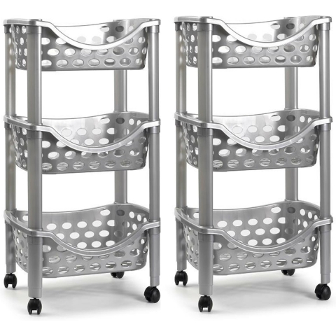 Set van 2x keukentrolley/roltafel 3 laags kunststof zilver 40 x 65 cm -