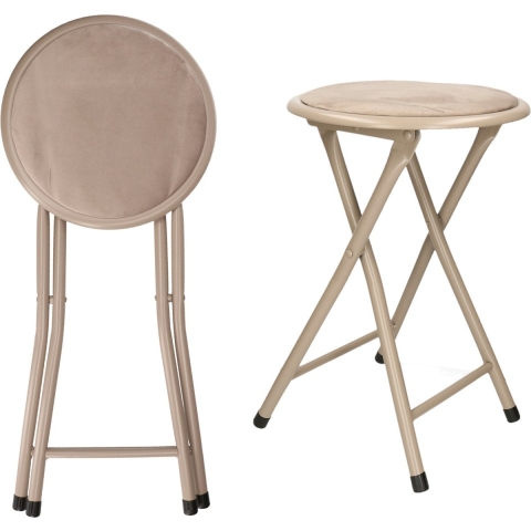 Set van 2x bijzet krukje/stoel - Opvouwbaar - beige - D30 x H45 cm -