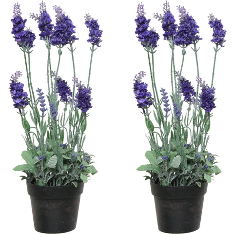 2x stuks lavendel kunstplant in pot - paars - D18 x H38 cm -